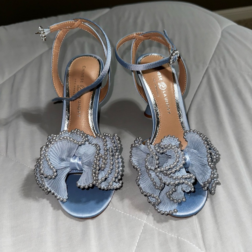 Chinese Laundry Blue Satin Heels with Pearl Details